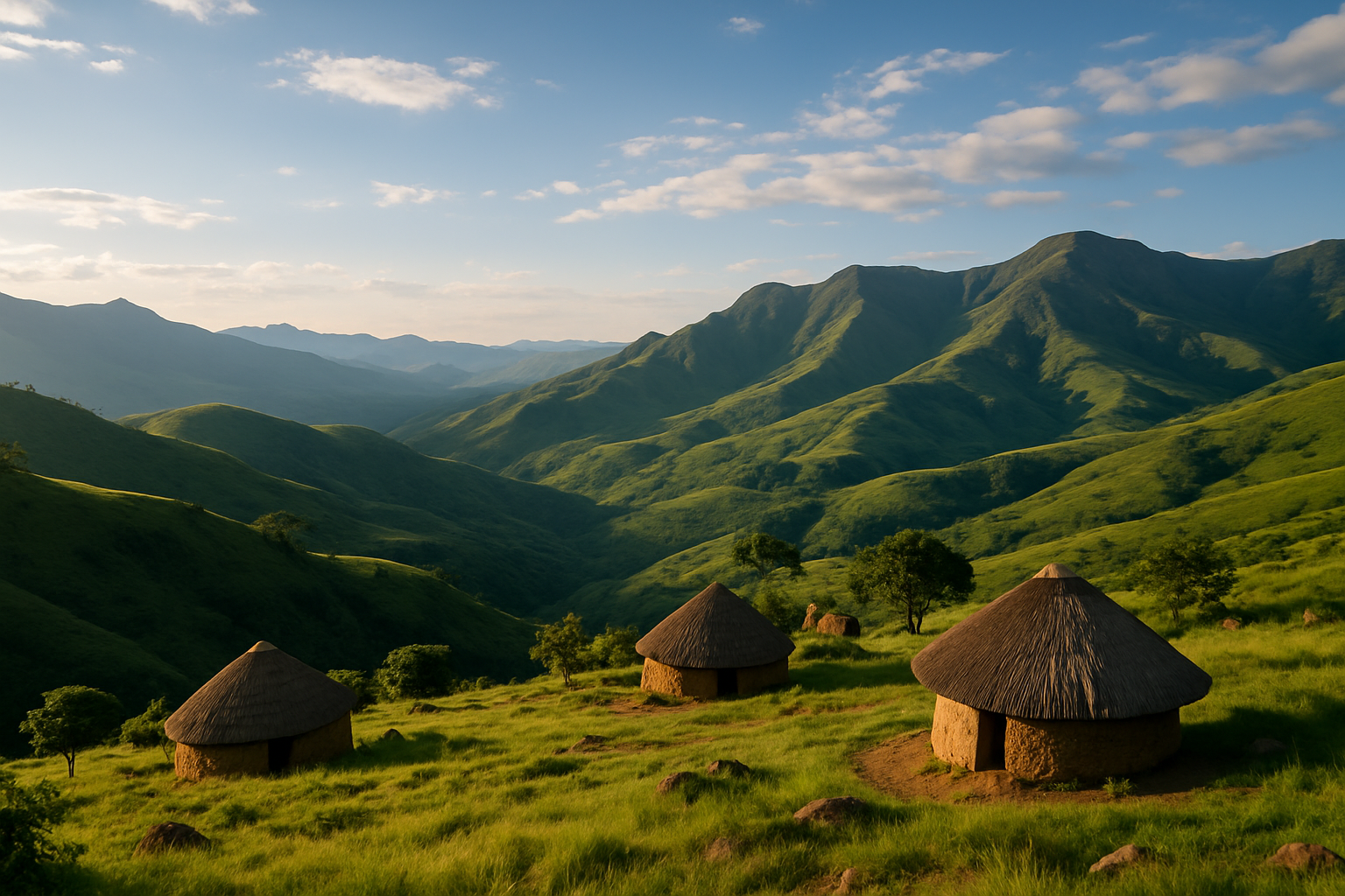 Rolling green mountains and rural road in Swaziland Eswatini