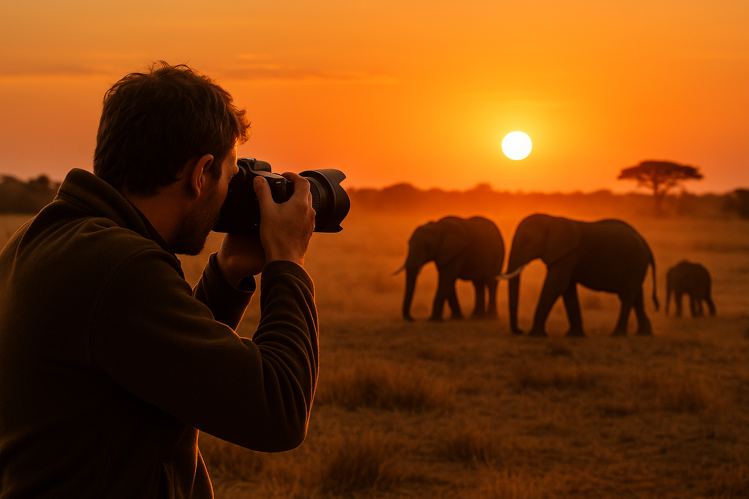 Photographer capturing elephants at sunset during a Kruger Park safari