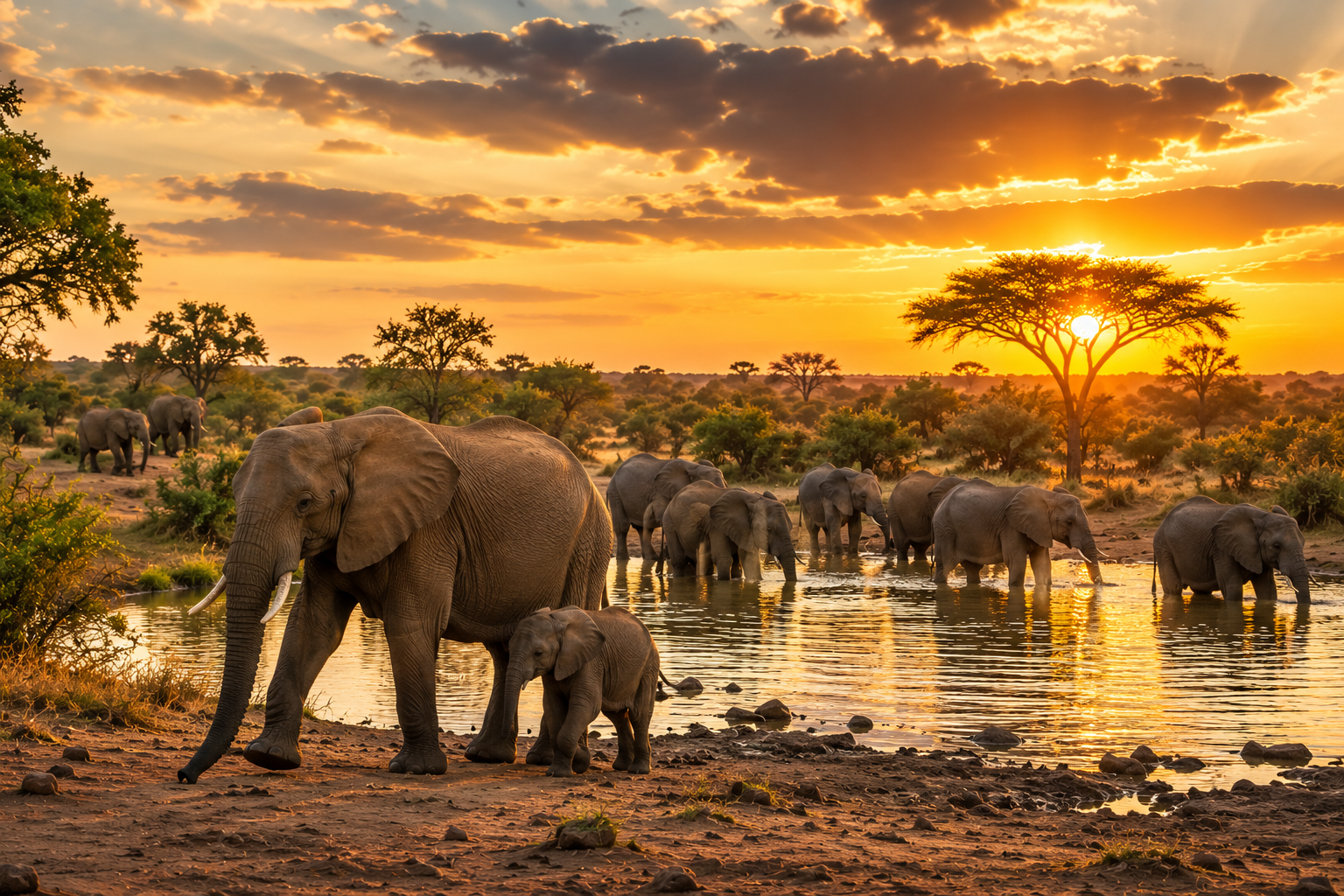 Elephant herd at sunset in Kruger National Park
