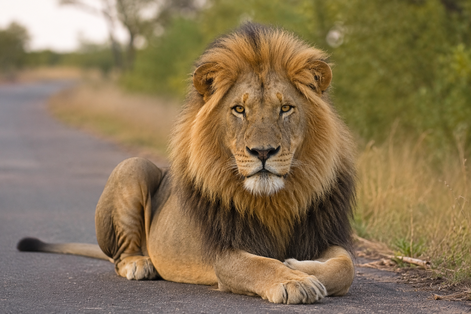 Male lion resting on safari road in Kruger National Park